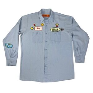 Red Kap Mens Large Blue Patchwork Work Shirt Long Sleeve Arrow Gas PacMan "Mark"